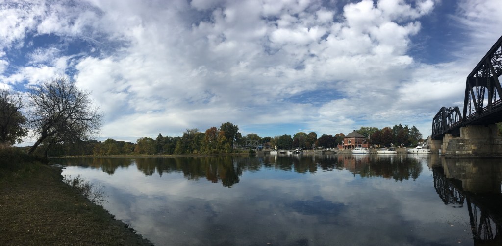 Mohawk River looking across to Waterford Harbor with boats and bridge